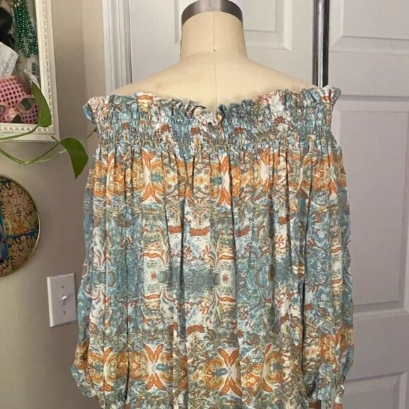 ACROBAT Turquoise Floral Cold-Shoulder Peasant Tie Sleeve Blouse Shirt *SMALL* - Picture 5 of 6